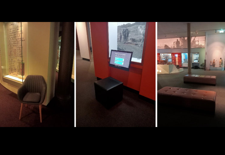 Three images showing different types of seating at the museum. A grey armchair with wooden legs, a small black cube shaped ottoman, and a two long brown leather benches.